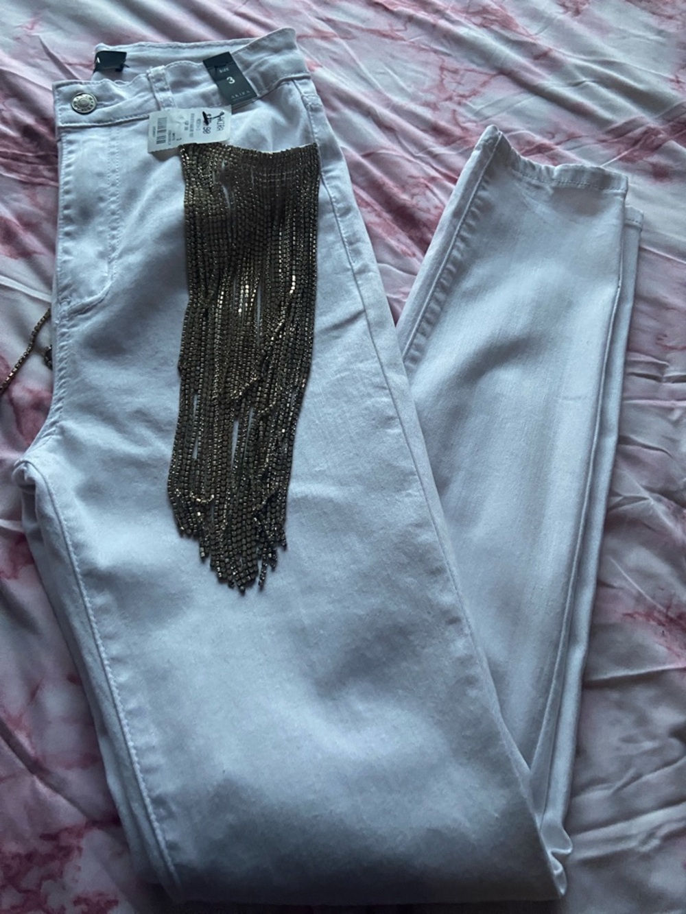 AKIRA White Skinny Jeans with Gold Chain Fringe